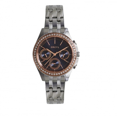 Relógio de pulso ORCYL prateado com mostrador preto e aro com pedras brilhantes
