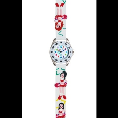 Relógio infantil com bracelete decorado com ginastas e mostrador colorido