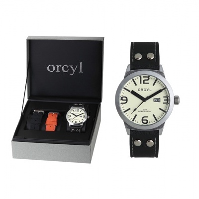 Relógio Orcyl com bracelete preta e bracelete extra laranja em caixa