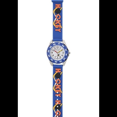 Relógio analógico com bracelete azul e decoração de hockey