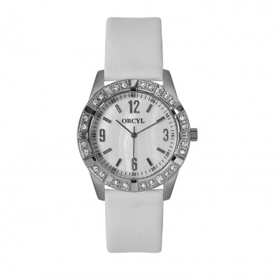 Relógio de pulso branco e prateado com pedras brilhantes