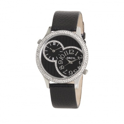 Relógio de pulso ORCYL com bracelete preta, caixa prateada e cristais