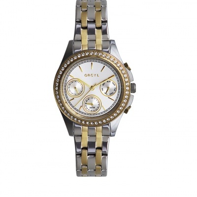 Relógio de pulso metálico bicolor com mostrador branco e pedras brilhantes no aro