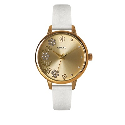 Relógio de pulso dourado com bracelete branca e flores no mostrador