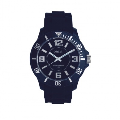 Relógio de pulso preto com números brancos grandes no mostrador redondo