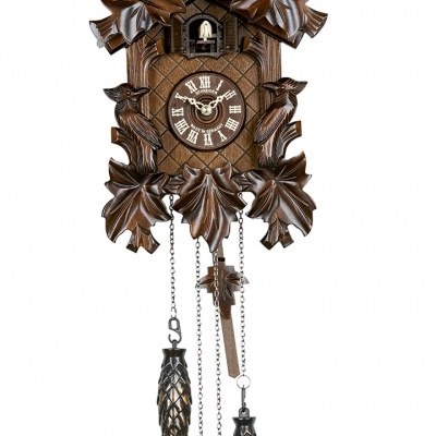 Relógio cuco de madeira castanha escura com folhas e pássaros esculpidos