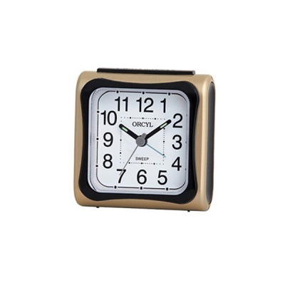 Relógio despertador quadrado cor bronze e preto com mostrador branco e números negros