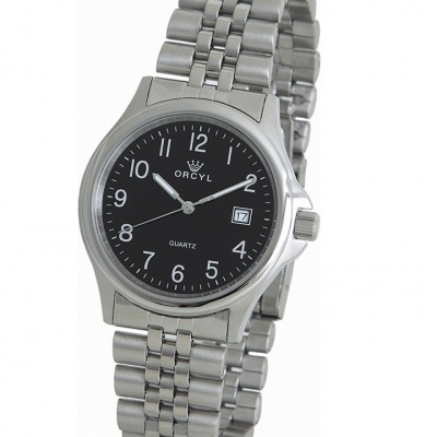 Relógio de pulso metálico com mostrador preto e data