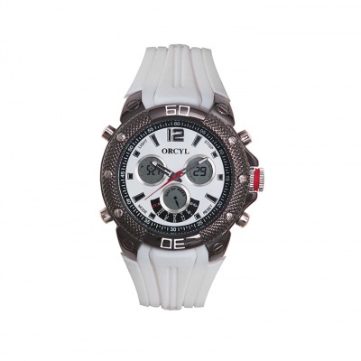 Relógio ORCYL com bracelete branca e mostrador branco e preto