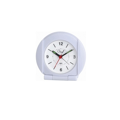 Relógio analógico branco com mostrador circular e ponteiros coloridos