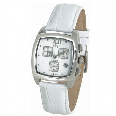 Relógio de pulso branco e prateado com submostradores e bracelete texturizada