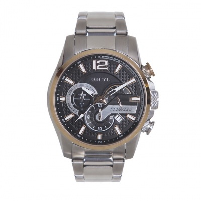 Relógio de pulso metálico com mostrador preto e detalhes dourados