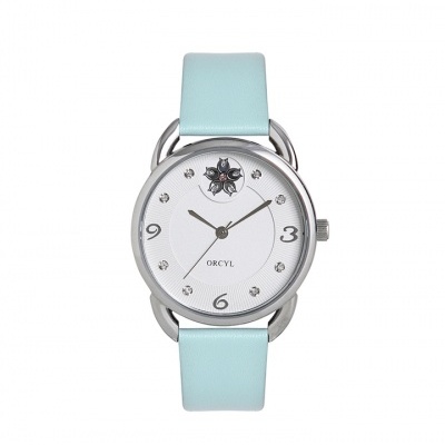 Relógio de pulso com bracelete azul clara e mostrador branco com cristais e números