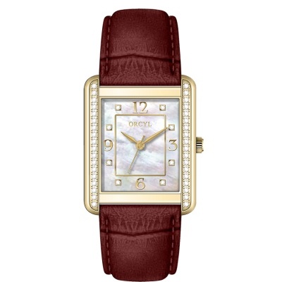 Relógio de pulso com bracelete castanha e mostrador quadrado dourado com madrepérola