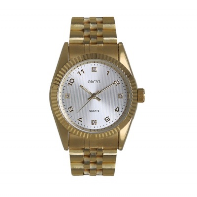 Relógio de pulso dourado com mostrador branco e marcações em dourado