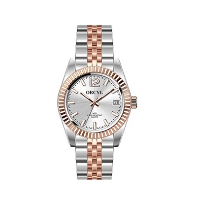 Relógio de pulso Orcyl com bracelete listrada em aço prateado e dourado rosé