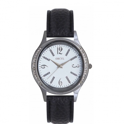 Relógio de pulso com bracelete preta e mostrador branco com pedras no aro