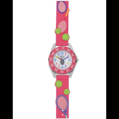 Relógio de criança rosa com decoração de ténis e mostrador colorido