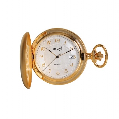 Relógio de bolso dourado com mostrador branco e tampa aberta