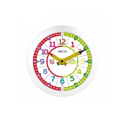Relógio branco redondo com números coloridos e marca ORCYL.