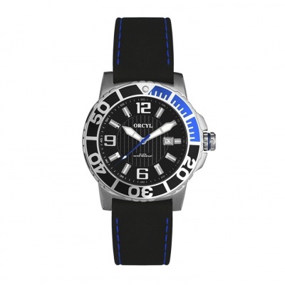 Relógio masculino preto e azul com bracelete de pele e mostrador analógico