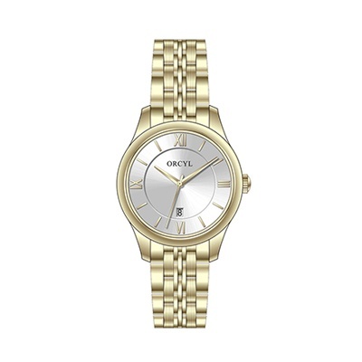Relógio de pulso dourado ORCYL com mostrador prateado e bracelete metálica