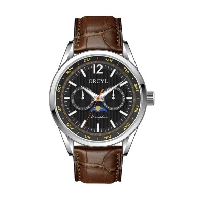 Relógio de pulso ORCYL com correia de couro castanha e mostrador preto.