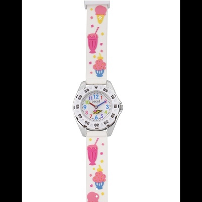 Relógio infantil com bracelete branco e desenhos coloridos de gelados e cupcakes