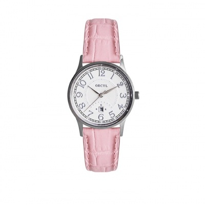 Relógio de pulso com bracelete rosa e mostrador branco