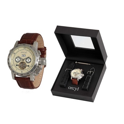 Relógio masculino orcyl com pulseira castanha e caixa preta com acessórios