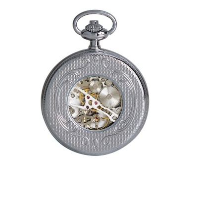 Relógio de bolso metálico prateado com padrão gravado e engrenagens visíveis