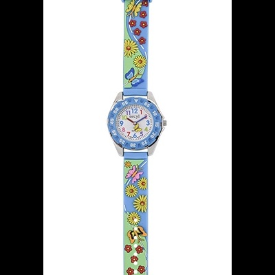 Relógio infantil azul e verde com flores e borboletas