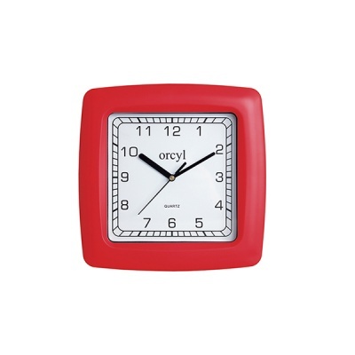 Relógio de parede quadrado vermelho com mostrador branco e números pretos