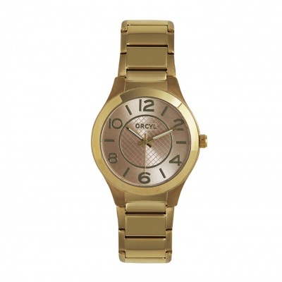 Relógio de pulso metálico dourado com mostrador redondo e bracelete de elos