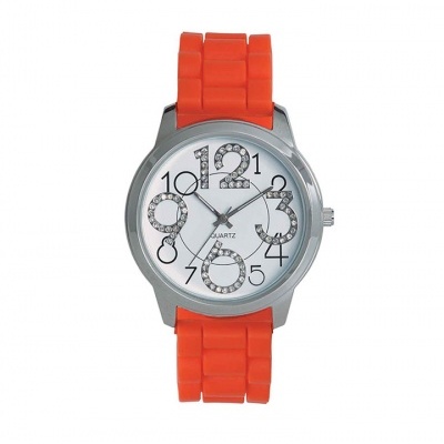 Relógio de pulso com bracelete laranja e mostrador branco com números decorados