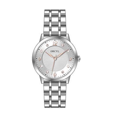 Relógio de pulso feminino ORCYL em metal prateado com mostrador branco