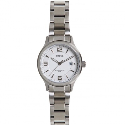 Relógio de pulso metálico prateado com mostrador branco e indicação de data