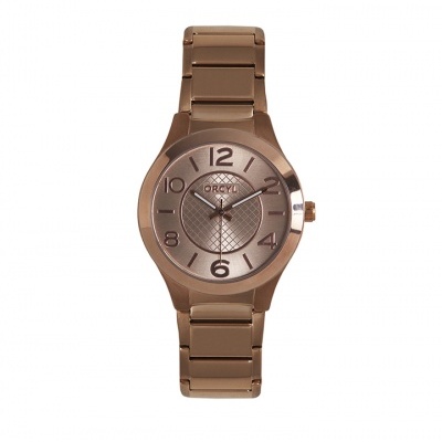 Relógio bronze com bracelete metálica e numerais árabes grandes no mostrador