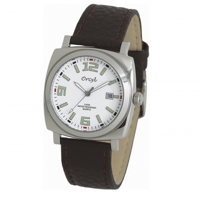 Relógio de pulso metálico com mostrador branco e pulseira castanha de pele