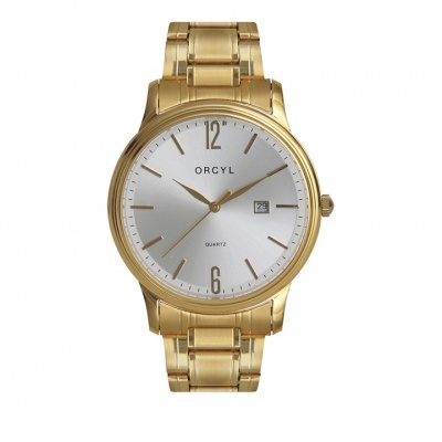 Relógio dourado com mostrador branco e data