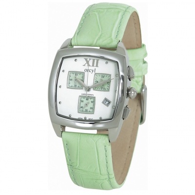 Relógio de pulso Orcyl com bracelete verde claro em padrão de pele e mostrador branco com detalhes verdes
