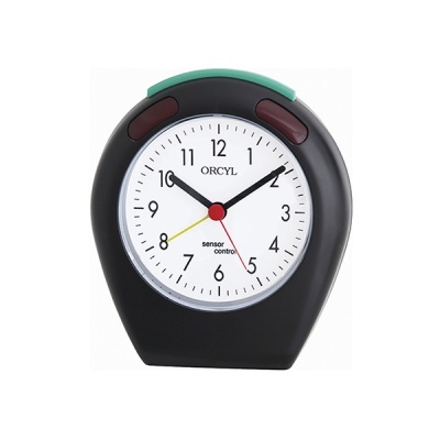 Relógio de mesa Orcyl preto com mostrador branco e botões coloridos no topo