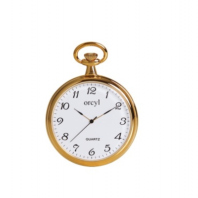 Relógio de bolso dourado com mostrador branco e números pretos