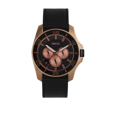 Relógio ORCYL preto com caixa dourada rosa e pulseira preta
