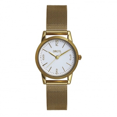Relógio de pulso dourado com mostrador branco e bracelete de malha