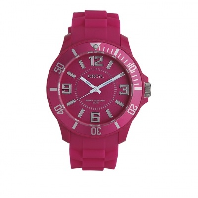 Relógio rosa em silicone com mostrador e números prateados