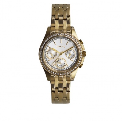 Relógio de pulso dourado com pedras brilhantes e mostrador branco