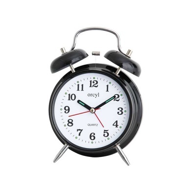 Relógio despertador vintage preto com sino metálico e mostrador branco
