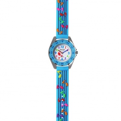 Relógio infantil azul com notas musicais coloridas e mostrador branco com números coloridos