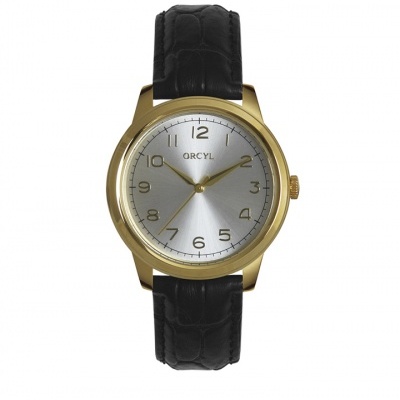 Relógio de pulso dourado com mostrador prateado e correia preta